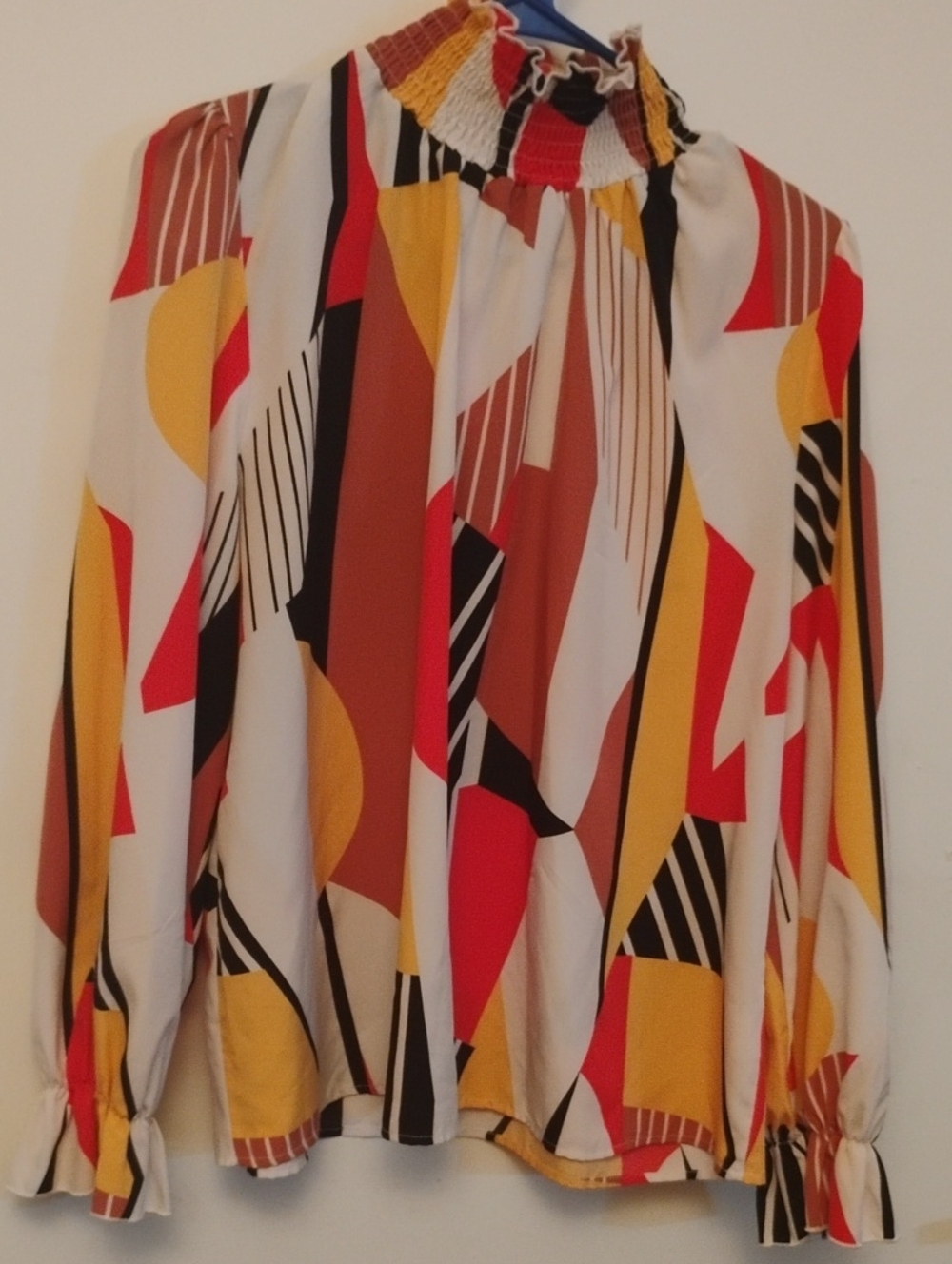Geometric Print Smocked Neck Blouse in White, Red & Mustard